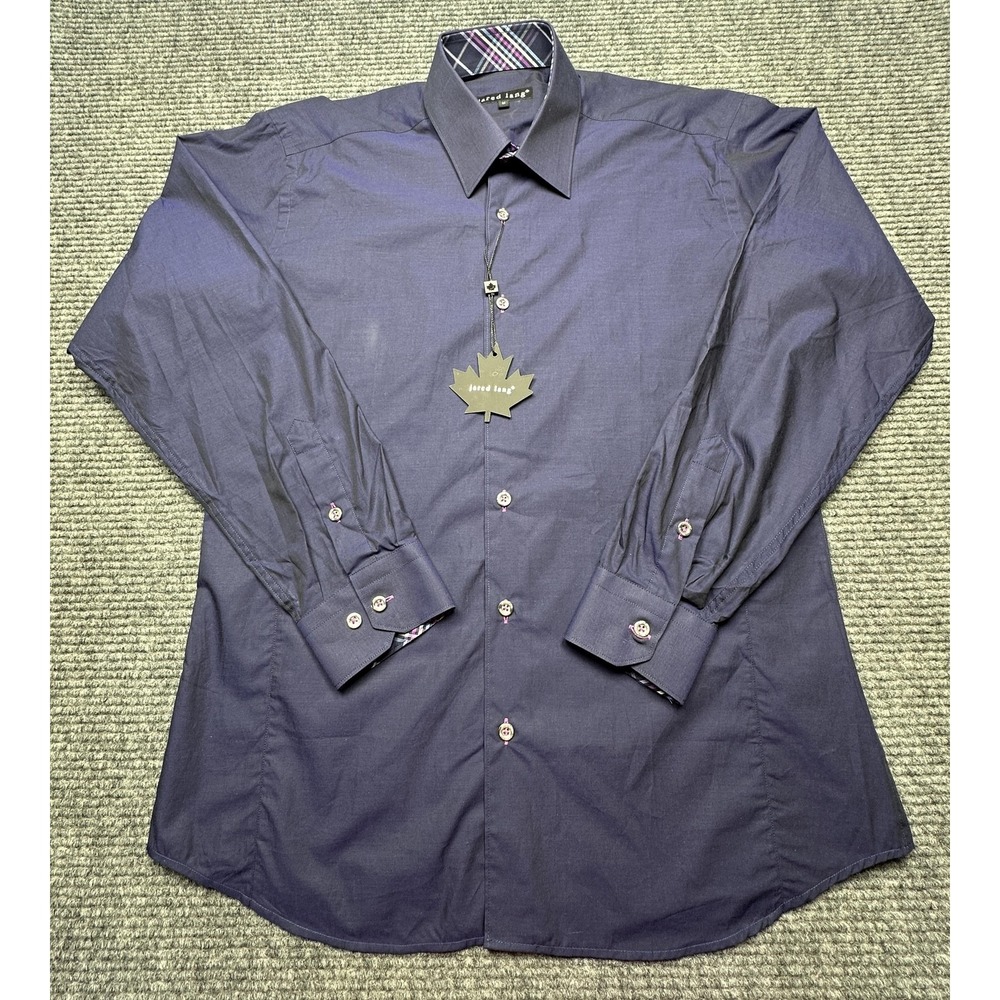 Jared Lang Dress Shirt Mens Medium‎ Blue Cotton Long Sleeve Plaid Trim New